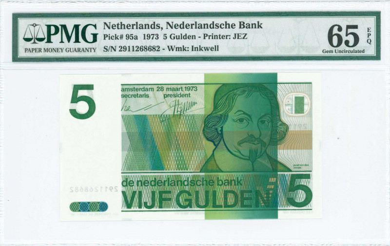 NETHERLANDS: 5 Gulden (28.3.1973) in dark green on green and multicolor unpt wit...