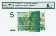 NETHERLANDS: 5 Gulden (28.3.1973) in dark green on green and multicolor unpt with Joost van den Vondel at right. S/N: "2911268682". WMK: Inkwell, quil...
