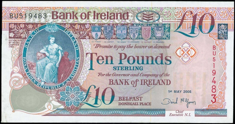 NORTHERN IRELAND: 10 Pounds (1.5.2005) in rose and blue on multicolor upnt with ...