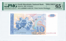 NORTH MACEDONIA: Specimen of 10 Denari (1993) in light blue on multicolor unpt with Ilenden monument at left center. Black S/N "AA 000000" and red S/N...