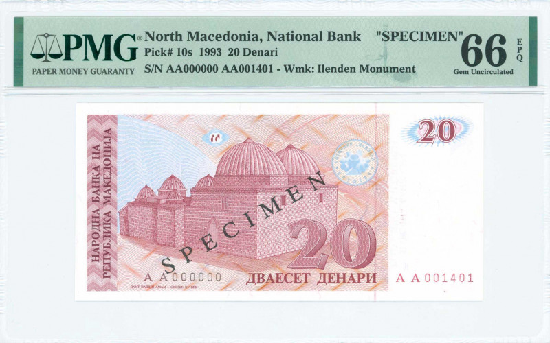 NORTH MACEDONIA: Specimen of 20 Denari (1993) in wine-red on multicolor unpt wit...