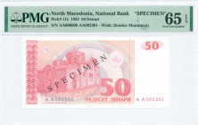 NORTH MACEDONIA: Specimen of 50 Denari (1993) in light red on multicolor unpt with 12th century Monastery of St Panteleimon at left center. Black S/N ...