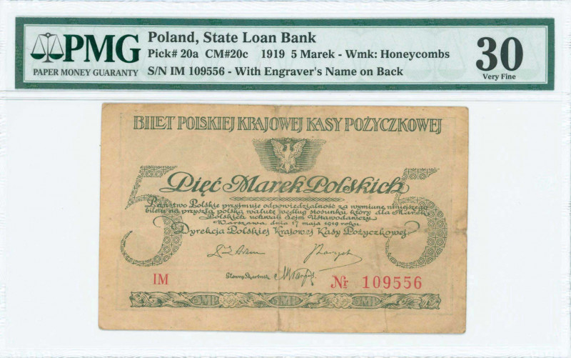 POLAND: 5 Marek (17.5.1919) in dark green with small eagle at upper center. S/N:...