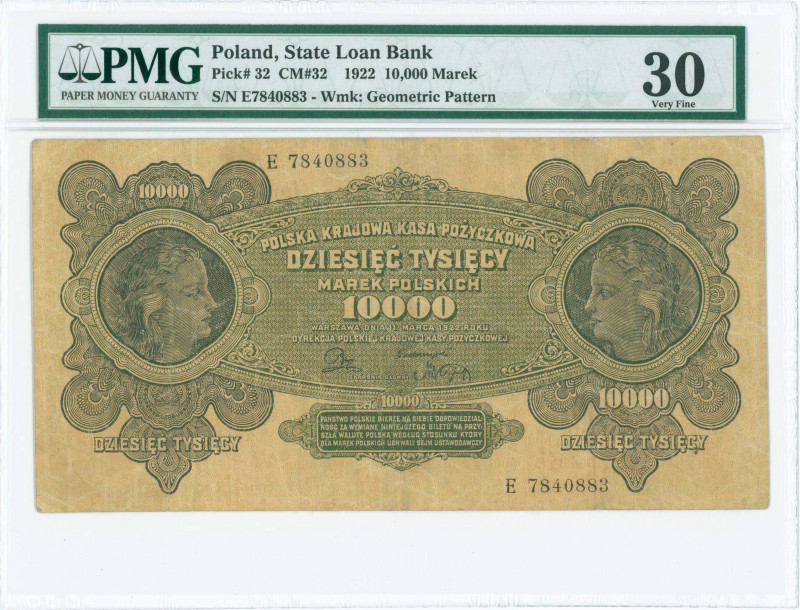 POLAND: 10000 Marek (11.3.1922) in greenish black on light tan unpt with womens ...