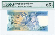 PORTUGAL: 100 Escudos (12.2.1987) in blue (shades) on multicolor unpt with Fernando Antonio Nogueira Pessoa at center right. S/N: "AVQ 024393". WMK: P...