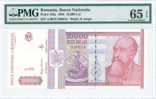 ROMANIA: 10000 Lei (2.1994) in dull violet and reddish brown on multicolor unpt with Nicolae Iorga at right. S/N: "A.0075 930613". WMK: Iorga. Inside ...