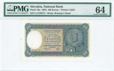 SLOVAKIA: 100 Korun (7.10.1940) in dark blue on multicolor unpt with portrait of Prince Pribina at right. S/N: "L4 279517". WMK: Womans head. Printed ...