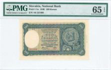 SLOVAKIA: 100 Korun (7.10.1940) in dark blue on multicolor unpt with portrait of Prince Pribina at right. S/N: "A6 531698". Inscription "II Emisia" on...