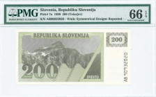 SLOVENIA: 200 Tolarjev (1990) in greenish black and dark brown on light gray and light green unpt with Triglav mountain peak. S/N: "AB 90932020". WMK:...