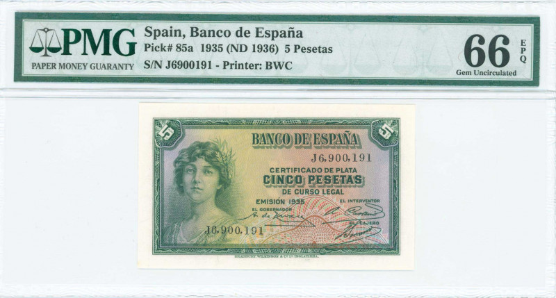 SPAIN: 5 Pesetas (EMISION 1935 - ND 1936) in green and violet with woman at left...