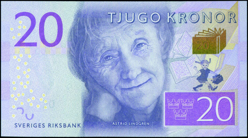 SWEDEN: 20 Kronor (ND 2015) in violet and multicolor with Astrid Lindgren at cen...