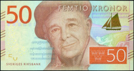 SWEDEN: 50 Kronor (ND 2015) in yellow-brown and multicolor with Evert Taube at center. S/N: "B 261101838". WMK: Evert Taube and value. (Pick 70). Unci...