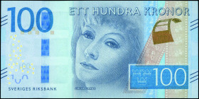 SWEDEN: 100 Kronor (ND 2016) in blue and multicolor with Greta Garbo at center. S/N: "C 480723720". WMK: Greta Garbo and value. Signatures by Eberstei...