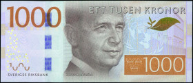 SWEDEN: 1000 Kronor (ND 2015) in brown and multicolor with Dag Hammarskiold at center. S/N: "B 050186635". WMK: Dag Hammarskiold and value. (Pick 74)....
