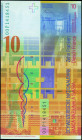 SWITZERLAND: 10 Franken (2000) in brown-orange, dark brown and blue on multicolor unpt with architect Le Corbusier at upper left and bottom center. S/...