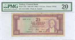 TURKEY: 2 1/2 Lira (ND 1960) in lilac with portrait of President Kemal Ataturk at right. S/N: "A16 12404". WMK: Kemal Ataturk. Printed by TDLR. Inside...
