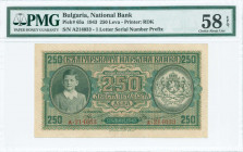 YUGOSLAVIA: 50 Dinara (1.5.1946) in brown on multicolor unpt with miner at left. Eight digit S/N: "59693572". Inside holder by PMG "Choice Very Fine 3...