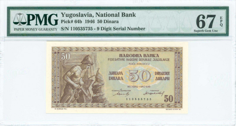 YUGOSLAVIA: 50 Dinara (1.5.1946) in brown on multicolor unpt with miner at left....