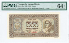 YUGOSLAVIA: 1000 Dinara (1.5.1946) in brown on multicolor unpt with Arms at left and woman with ears of corn at right. S/N: "3Γ 774172". Horizontal se...