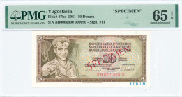 YUGOSLAVIA: Specimen of 10 Dinara (4.11.1981) in dark brown on multicolor unpt with male steelworker at left. S/N: "BB 0000000". Red ovpt "SPECIMEN" o...