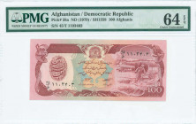 AFGHANISTAN: 100 Afghanis (SH1358 / 1979) in deep red-violet on multicolor unpt with Banks Arms with horseman at top center and farm worker in wheat f...