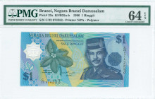 BRUNEI: 1 Ringgit (1996) in blue-black and deep green on multicolor unpt with Sultan JamAsr Hassan Bolkiah at right and riverside simpur plant at left...