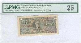 CEYLON: 25 Cents (1.2.1942) in brown and multicolor with portrait of King George VI at center. S/N: "A1 833183". Printed in India. Inside holder by PM...