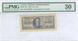 CEYLON: 10 Cents (23.12.1943) in blue and multicolor with portrait of King George VI at center. S/N: "A/68 423993". Printed in India. Inside holder by...