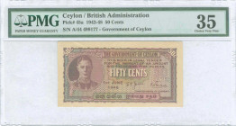 CEYLON: 50 Cents (1.6.1948) in lilac and multicolor with portrait of King George VI at left. S/N: "A/44 499177". Printed in India. Inside holder by PM...