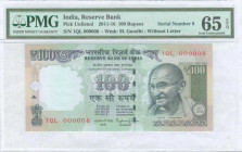 INDIA: 100 Rupees (2015) in multicolor with Mahatma Gandhi at right. Low S/N: 1QL 000008". WMK: Mahatma Gandhi. Without plate letter and signature by ...