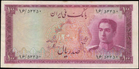 IRAN: 100 Rials (ND 1951) in red-violet on light green unpt with Shah Pahlavi (second protrait) in army uniform at right. S/N: "16/ 54450". WMK: Young...