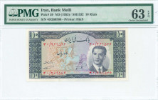 IRAN: 10 Rials (SH1332 / 1953) in dark blue and multicolor with Shah Pahlavi in civilian attire at right. S/N: "40/ 269566". Printed by H&S (without i...