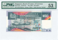 SINGAPORE: 50 Dollars (ND 1987) in blue on multicolor unpt with coaster vessel Perak at center left. S/N: "D/29 792153". Solid security thread. WMK: L...