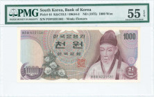 SOUTH KOREA: 100 Won (ND 1975) in purple on multicolor unpt with Yi Hwang at right. S/N: "FDF 4221581". WMK: Flowers. Printed by KOMSCO. Inside holder...