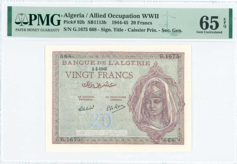 ALGERIA: 20 Francs (2.2.1945) in purple on blue unpt with portrait of young woma...