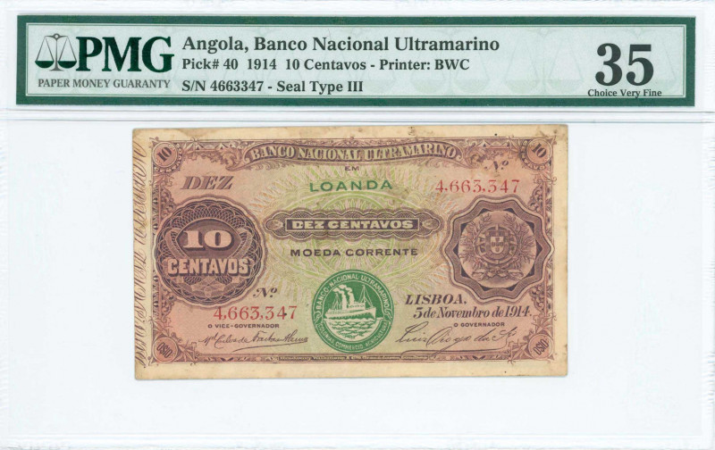 ANGOLA: 10 Centavos (5.11.1914) in purple with Arms at right and steamship seal ...