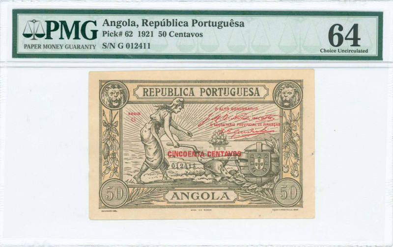 ANGOLA: 50 Centavos (1921) in gray on light brown unpt with woman plowing at lef...
