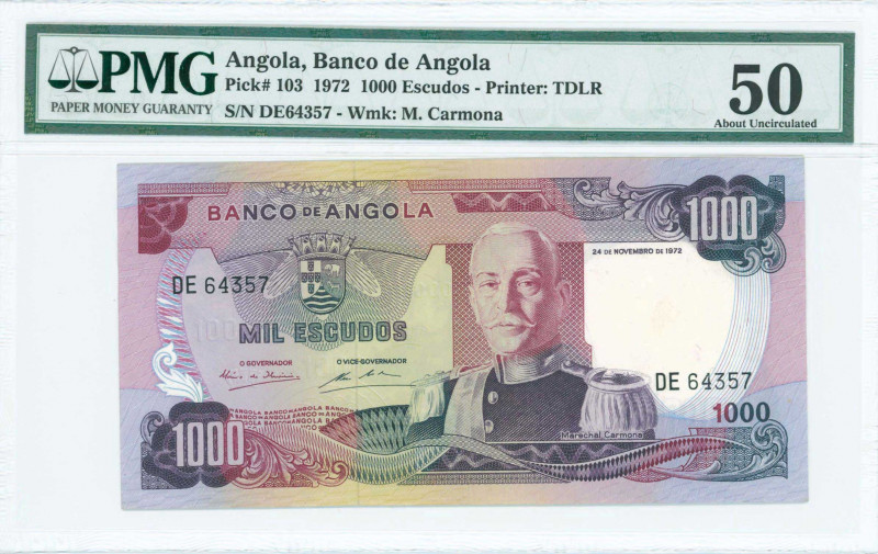 ANGOLA: 1000 Escudos (24.11.1972) in purple on multicolor unpt with Arms at left...