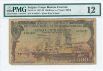BELGIAN CONGO: 500 Francs (1.10.1957) in brown-violet on multicolor unpt with ships dockside at Leo-Kinshasa wharf at center. S/N: "A 283627". WMK: Li...