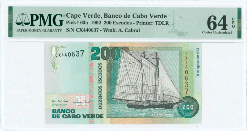 CAPE VERDE: 200 Escudos (8.8.1992) in black and blue-green on multicolor unpt wi...