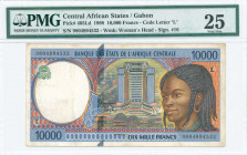 CENTRAL AFRICAN STATES / GABON: 10000 Francs (1998) in dark brown and blue with blue-black text on multicolor unpt with modern building at center, you...