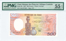 CHAD: 500 Francs (1.1.1987) in brown on multicolor unpt with carved statue and jug at center. S/N: "Z.02 671891". WMK: Carving. Printed by FCOF (witho...
