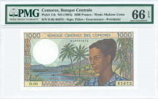 COMOROS: 1000 Francs (ND 1994) in multicolor with woman at right. S/N: "D.05 85672". Signature titles "LE GOUVERNEUR" and "LE PRESIDENT DU CONSEIL..."...