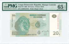 CONGO DEMOCRATIC REPUBLIC: 20 Francs (30.6.2003) in blue-green on green and multicolor unpt with Lions head at left. S/N: "JA 0091557 D". WMK: Okapis ...