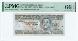 ETHIOPIA: 1 Birr (Law EE1989 / 1997) in black on multicolor unpt with young boy at center right. S/N: "AN 3898036". Signature #5. Printed by H&S (with...