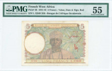 FRENCH WEST AFRICA: 5 Francs (2.3.1943) in multicolor with a man at center with value, date and signature in red. S/N: "L.12848 556". Inside holder by...