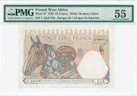 FRENCH WEST AFRICA: 25 Francs (22.4.1942) in multicolor with young man wearing turban with horse at center and left. S/N: "U.3310 459". WMK: Womans he...