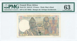 FRENCH WEST AFRICA: 5 Francs (10.4.1953) in multicolor with two women, one in finery, the other with jug. S/N: "G.157 79642". Printed in France. Insid...