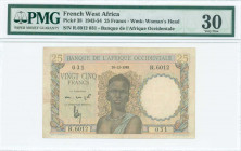 FRENCH WEST AFRICA: 25 Francs (30.12.1949) in multicolor with woman at center. S/N: "R.6012 031". WMK: Womans head. Inside holder by PMG "Very Fine 30...