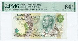 GHANA: 2 Cedis (2.1.1978) in green on multicolor unpt with farmer with hoe at right. S/N: "S/1 5962102". WMK: Eagle head above star. Signature #7. Pri...